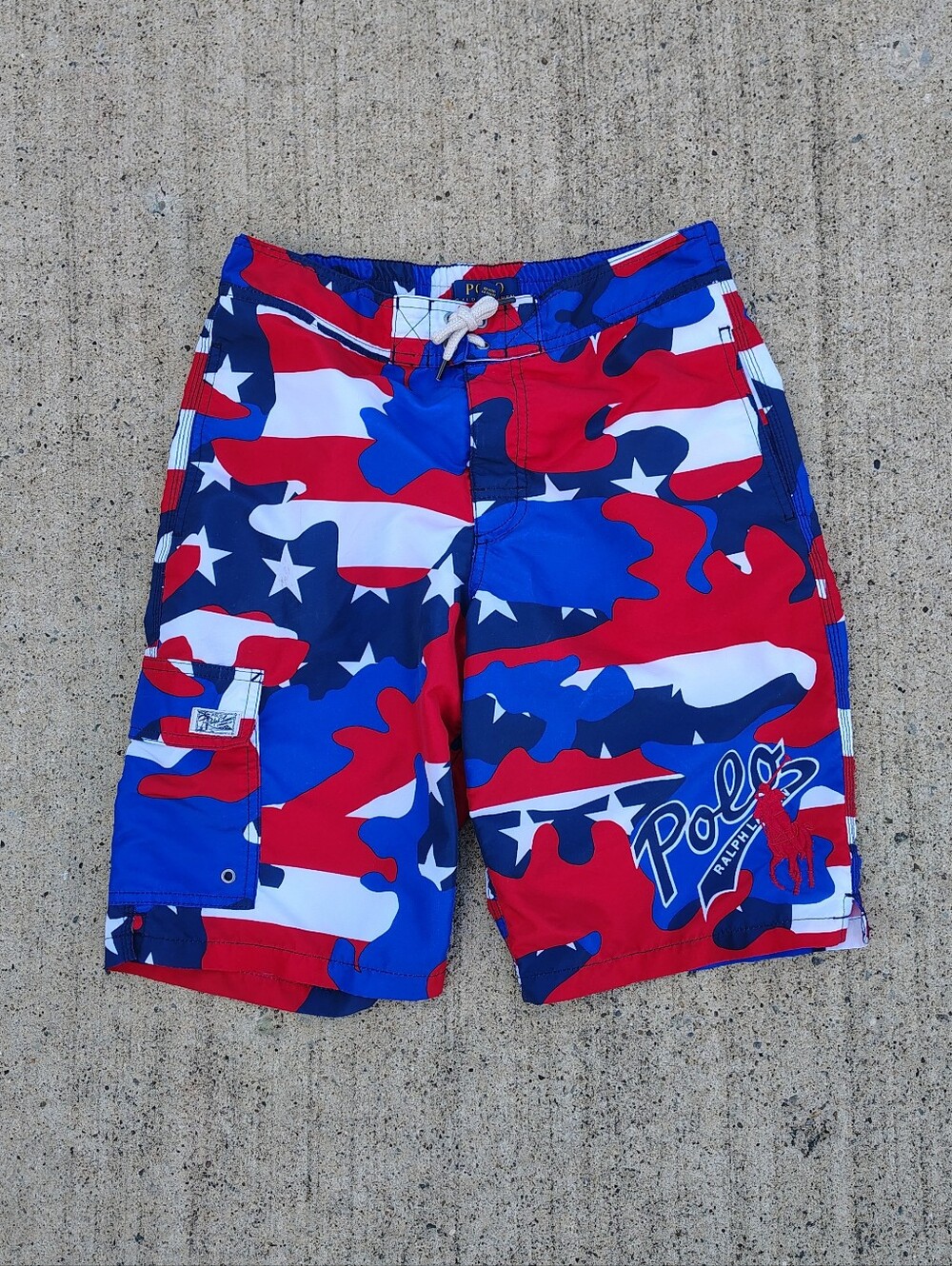 Polo Ralph Lauren Boys 14/16 Swim Trunks Red White Blue Camo Flag Board Shorts